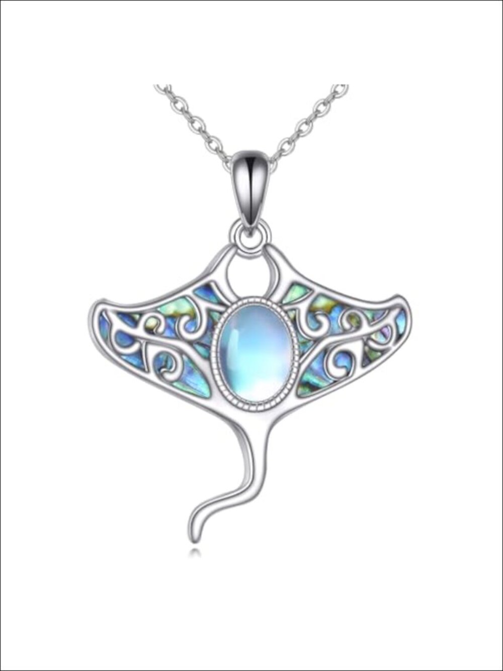 925 Sterling Silver Manta Ray Moth Moonstone Pendant Necklace with Abalone Shell
